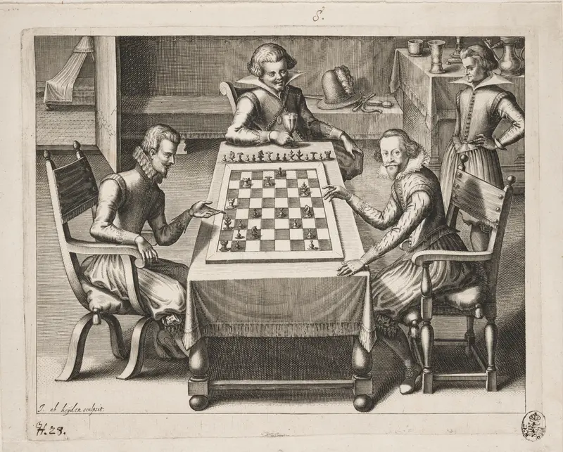 Der Kupferstich zeigt zwei Schachspieler und zwei Zuschauer an einem Tisch. Darauf befindet sich ein Schachspiel.