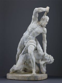 die Elfenbeinskulptur illustiert den Kampf zwischen Herkules und Caccus, aus dem der Held Herkules siegreich hervorging