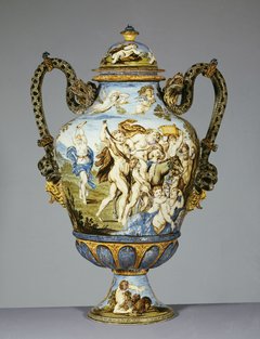 Schlangenhenkelvase mit Bacchus und Ariadne, Carlo Antonio Grue, Castelli (Italien), um 1705/15, Majolika