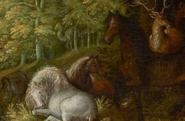 Roelant Savery, Paradieslandschaft, um 1619 das lange schmale Gemälde zeigt eine Vielzahl unterschiedlicher Tiere zu Wasser, zu Land, zu Luft