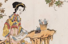 Unbekannt, Chinesisch, Eine Zeichnerin unter einem Baum, Suzhou, um 1650–80 Die Darstellung einer Frau in bunten Kleidern, die unter einem Baum sitzt un zeichnet. Am Rande des Bildes befinden sich chinesische Schriftzeichen.