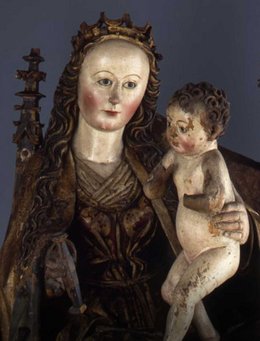 Holzskulptur von Madonna mit dem Jesuskind