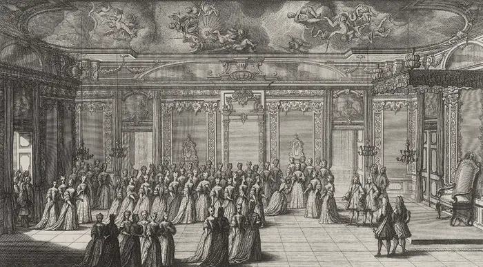 Gérard Jean Baptiste Scotin nach Raymond Leplat, Das Audienzgemach im Dresdner Schloss beim Einzug Maria Josephas