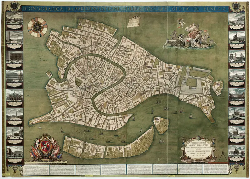 Luigi Ughi, Iconografica rappresentatione della inclita città di Venezia: Friderico Christiano Augusti regis filio / Obsequentißimus Ludovicus Ughi Aeques. Aquarellierter Stich 