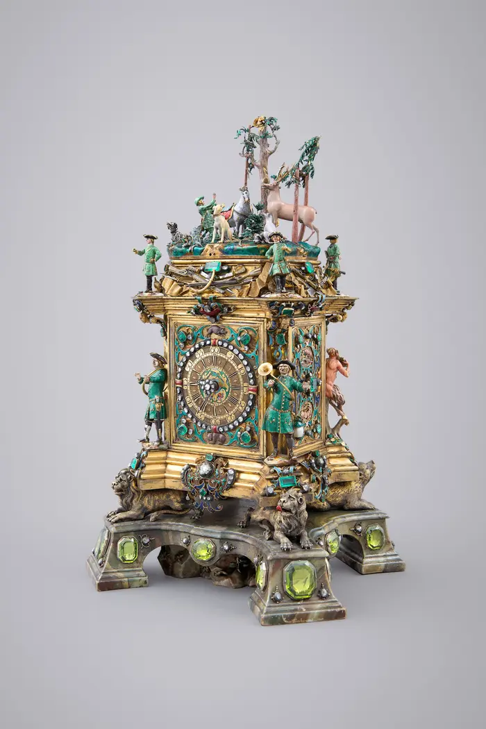 Hubertusuhr, Johann Heinrich Köhler (Goldschmiedearbeit), Johann Gottlieb Graupner (Uhrwerk), Dresden, um 1720 – 1727