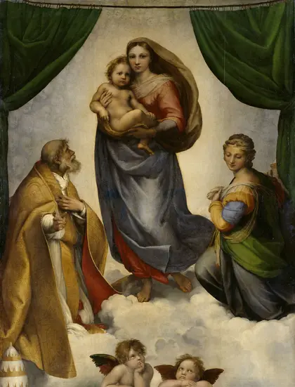 Raffael, Die Sixtinische Madonna, 1512/13 Madonna mit dem Jesuskind, am unteren Rand die zwei Engel