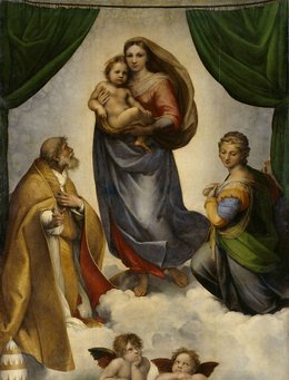 Raffael, Die Sixtinische Madonna, 1512/13 Madonna mit dem Jesuskind, am unteren Rand die zwei Engel