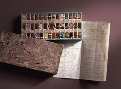Ringstein-Kabinett in Buchform mit dazugehörigem Verzeichnis und einem goldenen Ring
