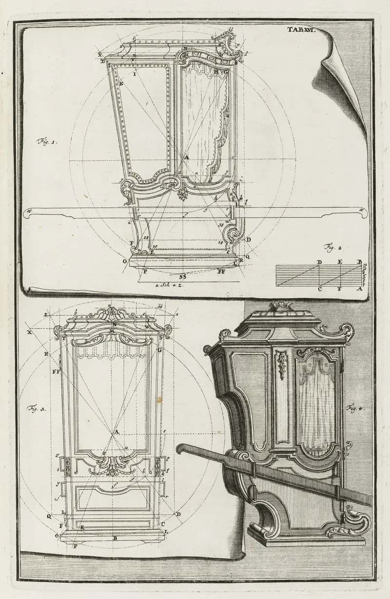 Aufrisse einer Sänfte, Johann Jacob Schübler, 1728, Kupferstich