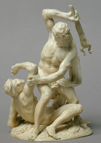 die Elfenbeinskulptur illustiert den Kampf zwischen Herkules und Cacus, aus dem der Held Herkules siegreich hervorging