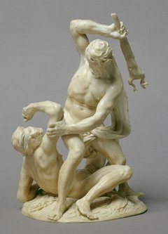 die Elfenbeinskulptur illustiert den Kampf zwischen Herkules und Cacus, aus dem der Held Herkules siegreich hervorging