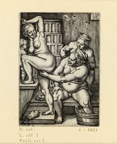Der Kupferstich zeigt eine Szene mit drei nackten Frauen im Bad