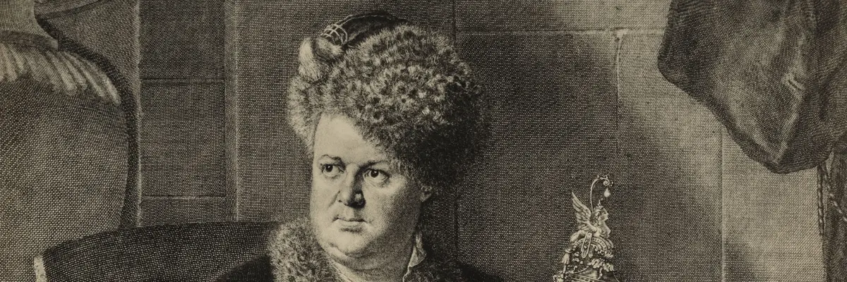 Abgebildet ist ein Kupferstich mit dem Portrait des Goldschmieds Johann Melchior Dinglinger. Er sitzt auf einem Stuhl und hält das Kunstwerk „Bad der Diana“ in der Hand.